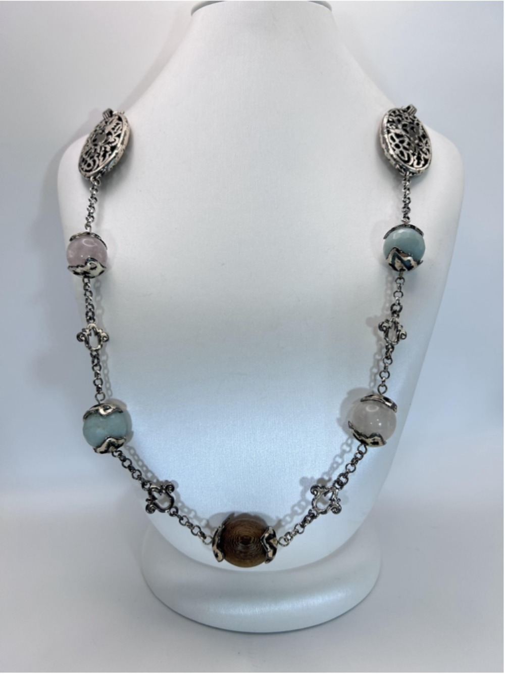 Brighton Silver Tone Long Necklace Pink Blue Beads Wood Beads Filigree Heart